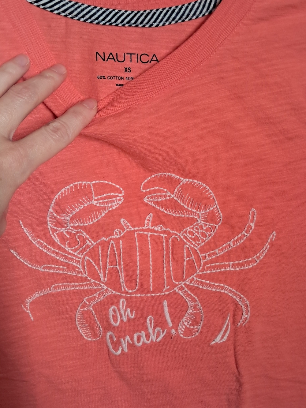 Nautica Coral V-Neck Tee with Crab Graphic